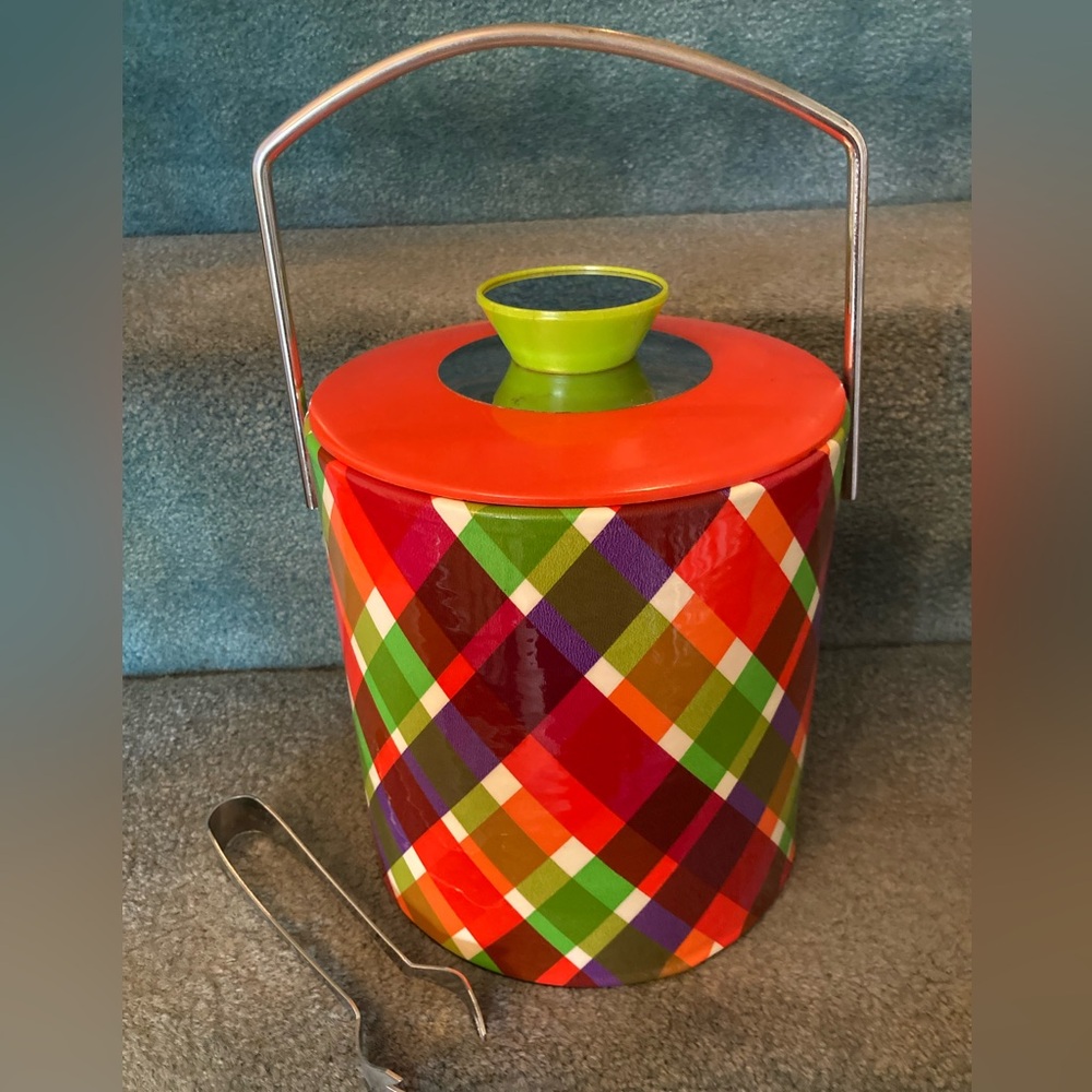 FABULOUS Vintage Vinyl PLAID Ice Bucket and Tongs RETRO 1960’s 1970’s EUC